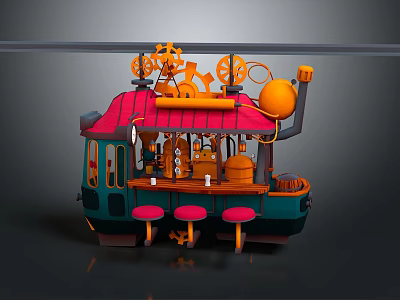 Steampunk Style Mobile Food Cart With Red Roof Green Body And Red Stools 3d model