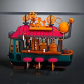 Steampunk Style Mobile Food Cart With Red Roof Green Body And Red Stools