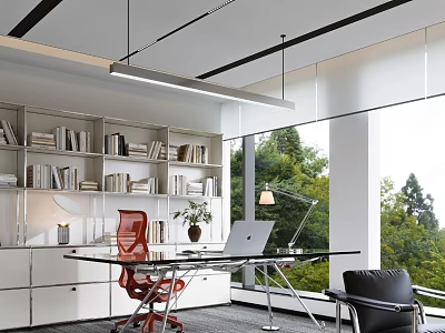 Modern Office Interior With Bookshelves Red Chair Glass Desk Laptop Large Windows And Green Plants 3d model