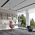 Modern Office Interior With Bookshelves Red Chair Glass Desk Laptop Large Windows And Green Plants