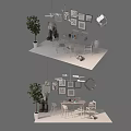 Modern Dining Table Set With Pendant Lights Wall Frames And Green Plant Interior 3d model