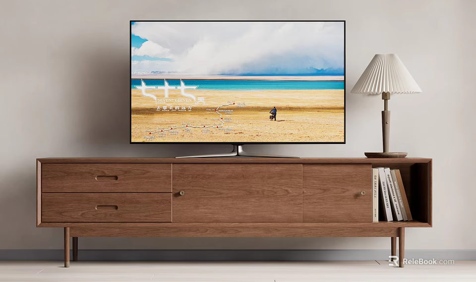 Modern Wooden TV Stand With Flat Screen TV Table Lamp And Books On Shelf 3d model 