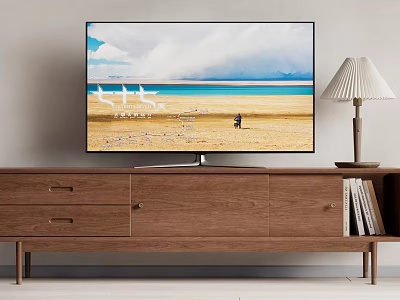 Modern Wooden TV Stand With Flat Screen TV Table Lamp And Books On Shelf 3d model