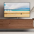 Modern Wooden TV Stand With Flat Screen TV Table Lamp And Books On Shelf