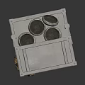 Multi Tiered Metal Storage Rack With Wooden Boxes And Stacked Plates