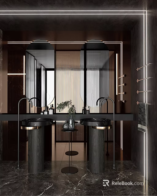 Modern Bathroom Vanity With Double Sinks Sleek Design Mirror Lighting And Plant Accents 3d model 