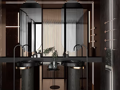 Modern Bathroom Vanity With Double Sinks Sleek Design Mirror Lighting And Plant Accents 3d model