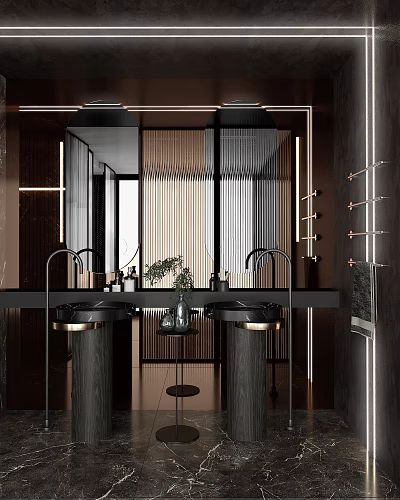 Modern Bathroom Vanity With Double Sinks Sleek Design Mirror Lighting And Plant Accents 3d model