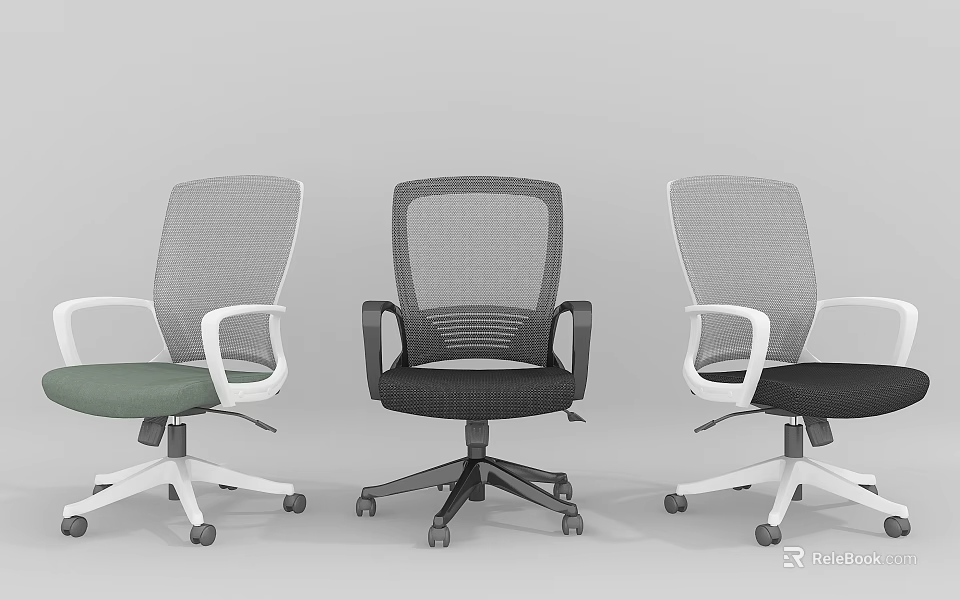 Three Office Chairs With Mesh Back Armrests Swivel Wheels And Multiple Colors 3d model