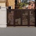 Stylish Entry Gate With Dark Wooden Design White Pillars And Fence Under Blue Sky