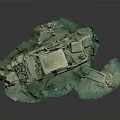 Damaged Car Sculpture Model With Open Hood On Turquoise Terrain Base
