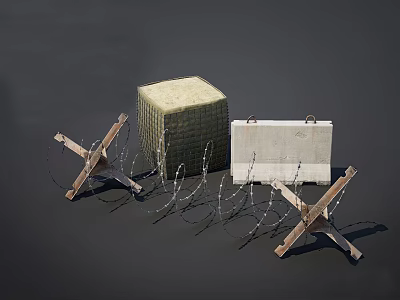 Military Weapon Defensive Setup With Barbed Wire Wooden Barricade And Metal Crate 3d model