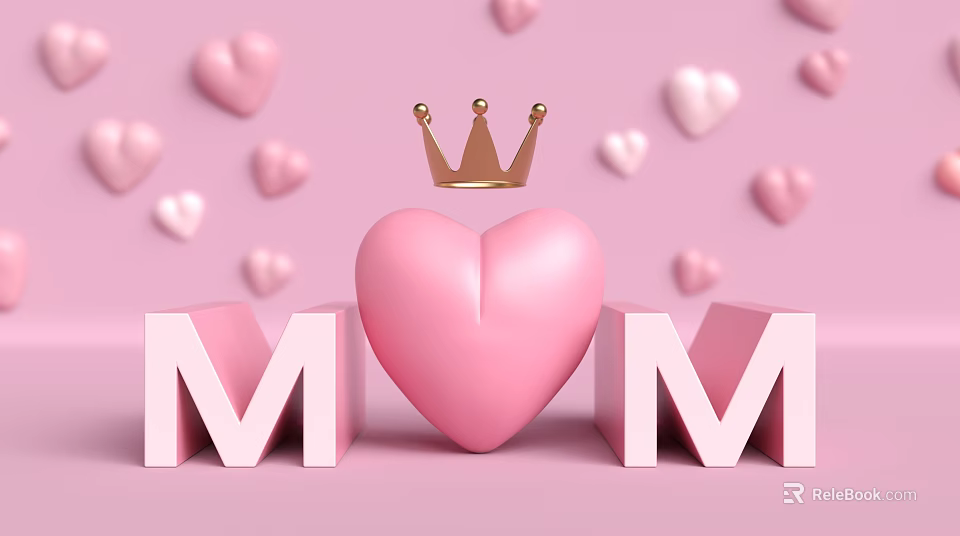 Artistic Landscape Sculpture with Pink Heart Golden Crown MOM Letters Small Hearts on Pink Background 3d model 
