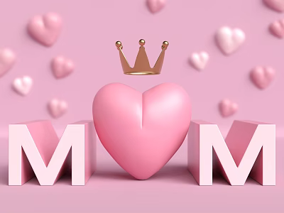 Artistic Landscape Sculpture with Pink Heart Golden Crown MOM Letters Small Hearts on Pink Background 3d model
