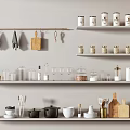 Organized Kitchen Utensils Storage On Shelves With Towels Cutting Boards Jars Glassware Pots And Knives