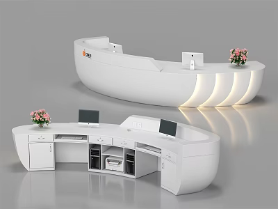 Modern White Curved Reception Desk With Computer Monitors Flower Arrangements And LED Lighting 3d model