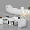Modern White Curved Reception Desk With Computer Monitors Flower Arrangements And LED Lighting