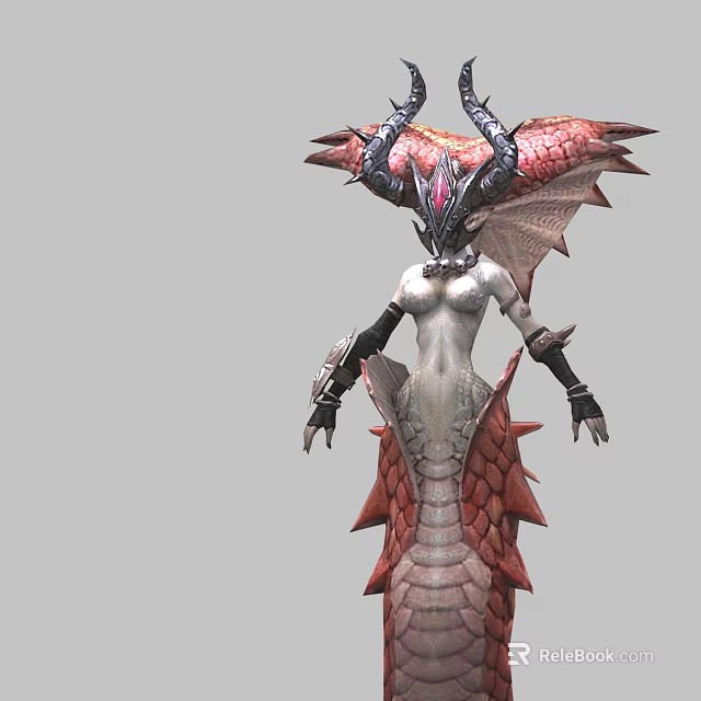Fantasy Game Film Character With Horned Head Red Wings And White Scaled Body 3d model 