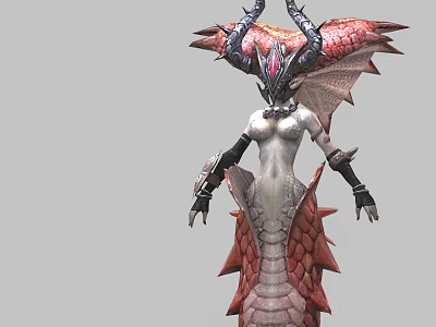 Fantasy Game Film Character With Horned Head Red Wings And White Scaled Body 3d model