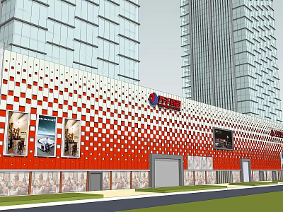 Modern Commercial Complex With Red And White Checkered Facade Display Windows And Tall Buildings 3d model