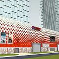 Modern Commercial Complex With Red And White Checkered Facade Display Windows And Tall Buildings