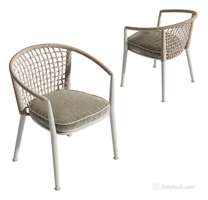 Contemporary Woven Rattan Armchair With Light Gray Cushion And White Metal Legs 3d model 