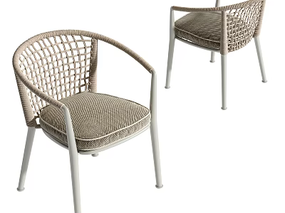Contemporary Woven Rattan Armchair With Light Gray Cushion And White Metal Legs 3d model
