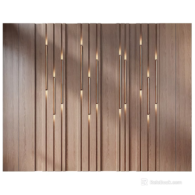 Modern Wooden Sofa Accent Wall With Vertical Light Fixtures 3d model