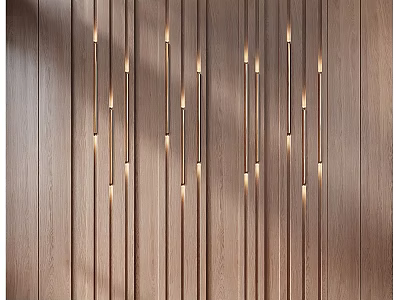 Modern Wooden Sofa Accent Wall With Vertical Light Fixtures 3d model