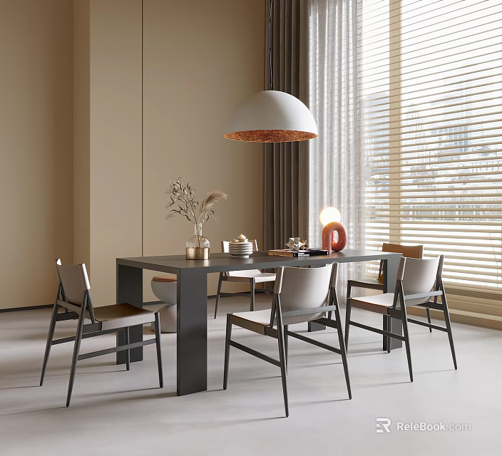 Modern Dining Table And Chairs Set in Contemporary Interior With Pendant Light And Window Blinds 3d model 