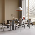 Modern Dining Table And Chairs Set in Contemporary Interior With Pendant Light And Window Blinds