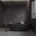 Modern Bathroom With Dark Marble Walls Black Freestanding Bathtub And Window Blinds