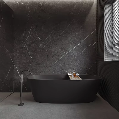 Modern Bathroom With Dark Marble Walls Black Freestanding Bathtub And Window Blinds 3d model