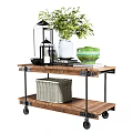 Wooden Two Tiered Storage Shelf With Green Plant White Vase Black Lanterns and Wicker Basket