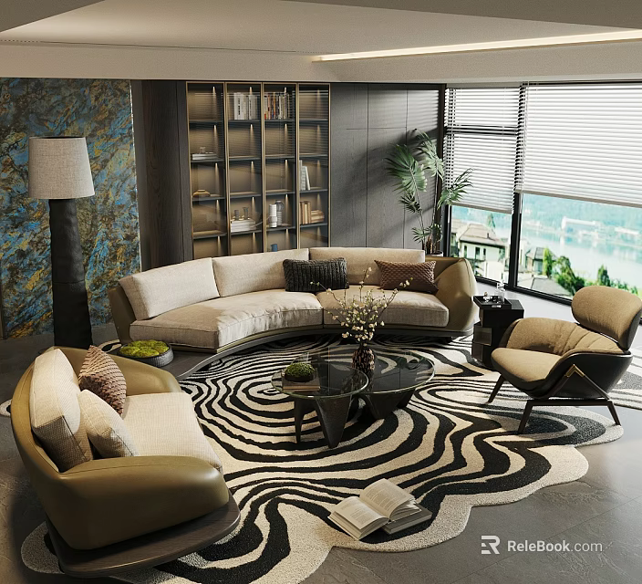 Modern Living Room Sofa Coffee Table Set With Zebra Print Rug Pillows And Green Plant 3d model 