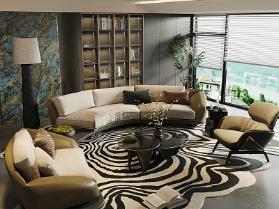 Modern Living Room Sofa Coffee Table Set With Zebra Print Rug Pillows And Green Plant 3d model