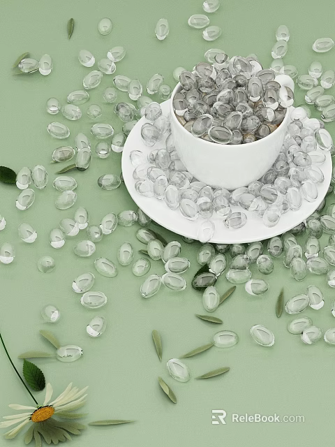 Transparent Pebbles In White Cup On Plate With Green Background And Scattered Leaves 3d model 