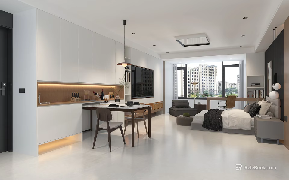 Modern Apartment Interior Design With Open Kitchen Living Room And City View 3d model 