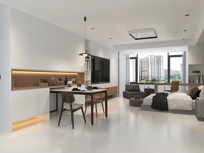 Modern Apartment Interior Design With Open Kitchen Living Room And City View 3d model