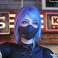 Woman Blue Purple Hair Mask Black Jacket On Blue White Scooter Night Street Neon Lights