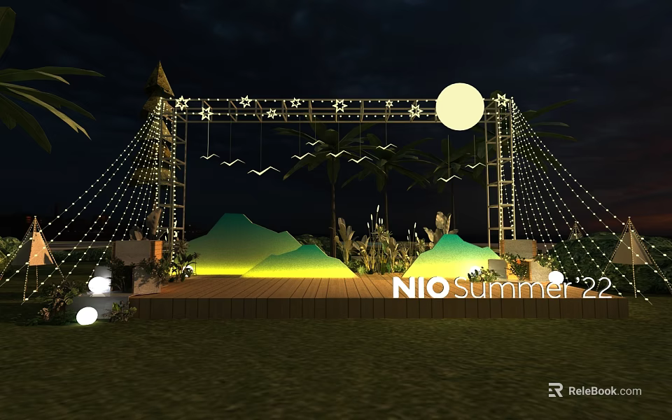 NIO Summer 22 Stage With Night Lighting Mountain Decorations Palm Trees And String Lights 3d model 