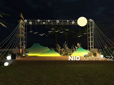 NIO Summer 22 Stage With Night Lighting Mountain Decorations Palm Trees And String Lights 3d model