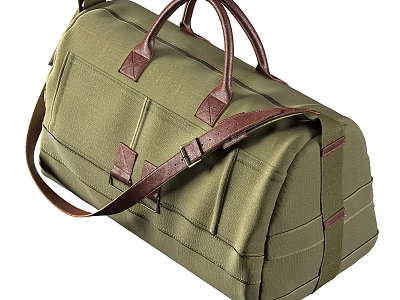 Olive Green Duffel Bag With Leather Handles And Strap 3d model