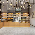 Cozy Bakery Interior With Fresh Bread On Wooden Shelves Glass Display Cases And Ceiling Lights