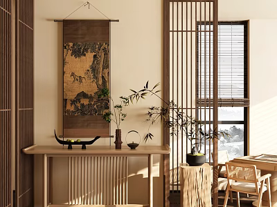 Traditional Chinese Console Table With Scroll Painting Bamboo Plant Wooden Partition And Natural Light 3d model