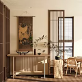 Traditional Chinese Console Table With Scroll Painting Bamboo Plant Wooden Partition And Natural Light