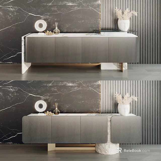 Modern Gray TV Stand With Marble Top And Decorative Vase On Textured Wall 3d model 