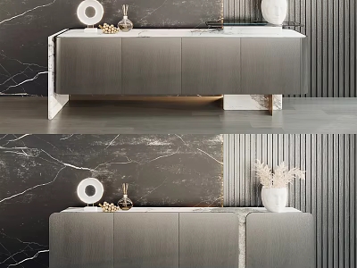 Modern Gray TV Stand With Marble Top And Decorative Vase On Textured Wall 3d model