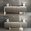 Modern Gray TV Stand With Marble Top And Decorative Vase On Textured Wall