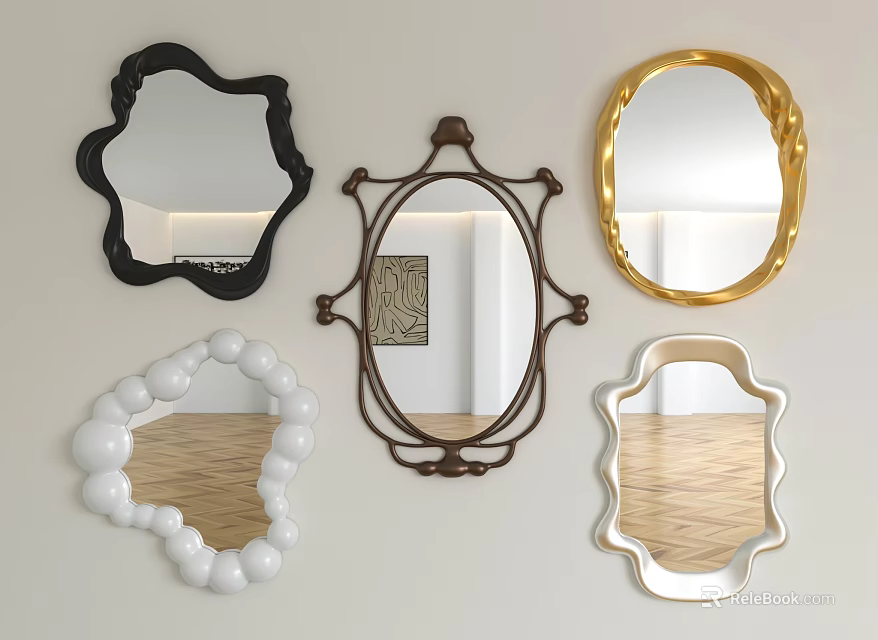 Various Designed Decorative Wall Mirrors With Gold Black White Brown Frames And Unique Shapes 3d model 